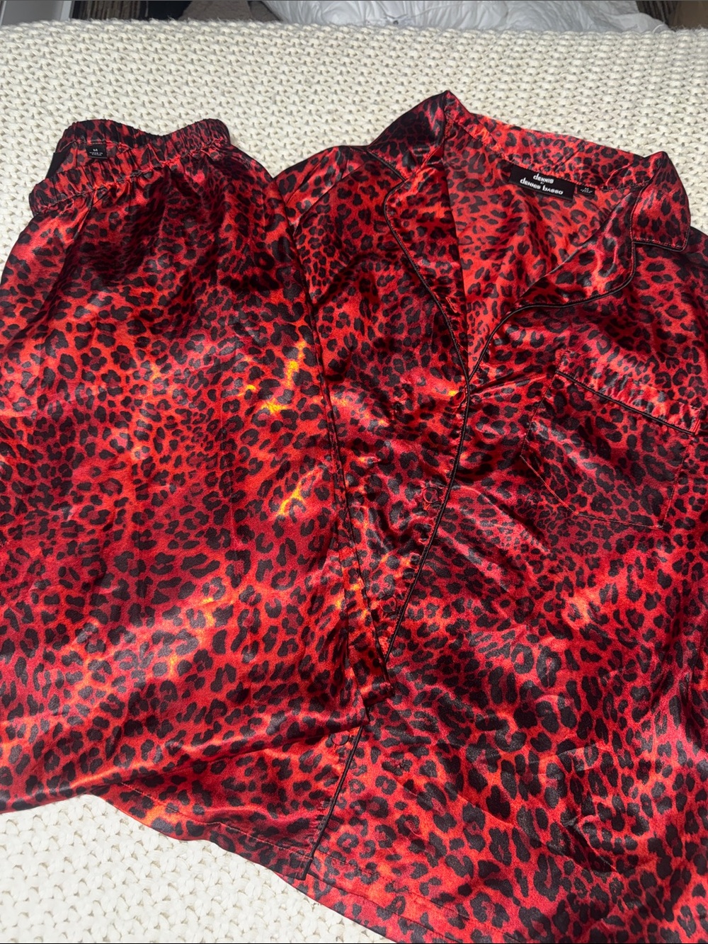dennis basso Red and Black Leopard Satin Pajama Set